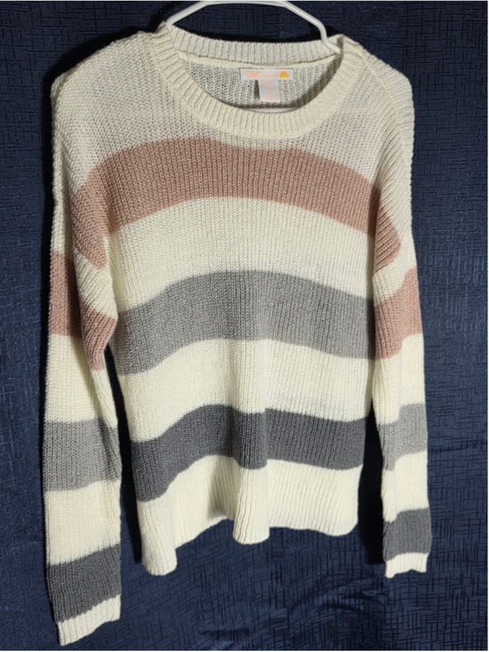 C&C California Sweaters - Women's C&C California Striped Crew Neck Sweater, Size S, White/Grey/Pink cozy
